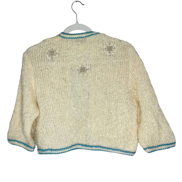 Cream and Blue Cropped Cardigan with Decorative Pattern - Picture 2 of 11